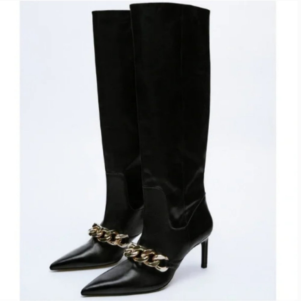 Zara Long Black Heeled Goat Leather Boots With Metal Chain Detail Sz 7.5 NWT